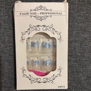 Professional False Nail Set with Blue Glitter and Snowflakes ❄️